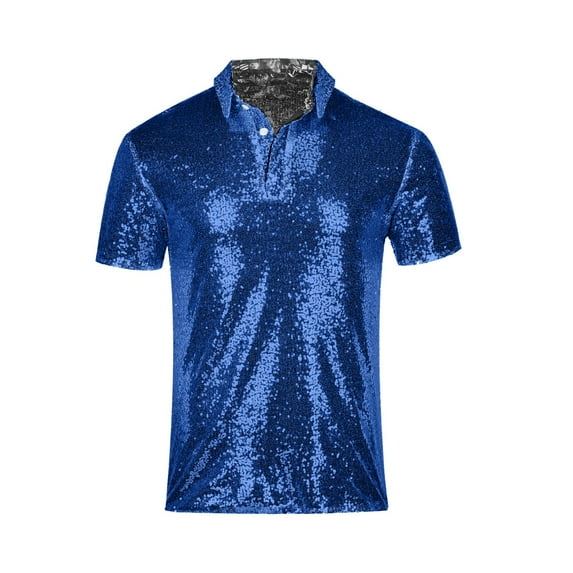 Aueoeo Men's Short Sleeved Shirts Fashion Solid Color Sequin Top Glittering Laple Collar Party Club Dance Trendy Shirt