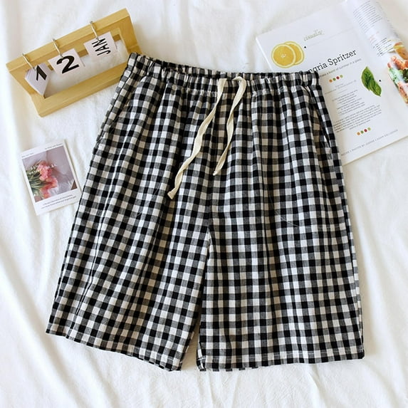 Aueoeo Men's Sleepwear Shorts Pajama Bottom Causal Short Pants Plaid Drawstring Cotton Shorts Soft Sleep Pants