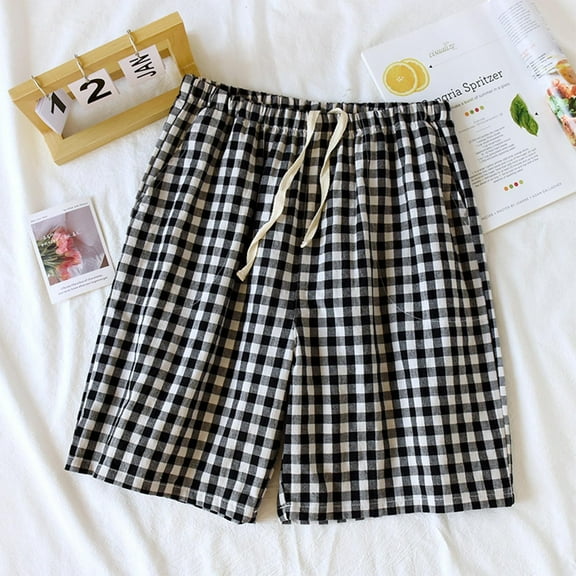 Aueoeo Men's Sleepwear Shorts Pajama Bottom Causal Short Pants Plaid Drawstring Cotton Shorts Soft Sleep Pants