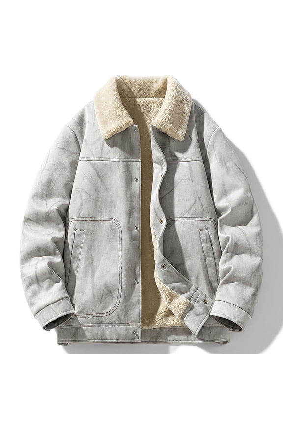 Men's Snap Button Jacket Fleece Lined Cargo Coat Fall Winter Warm Thick Trucker Jacket with Multi Pockets