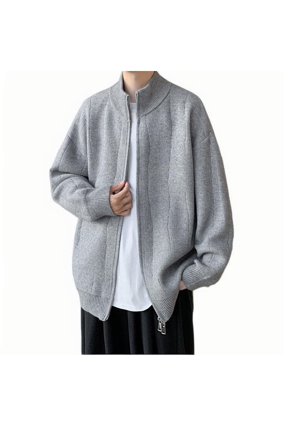 Men's Sport Coat Stand Collar loose Full Zip Jackets Fall Winter Warm Long Sleeve Overcoat Gray X-Large