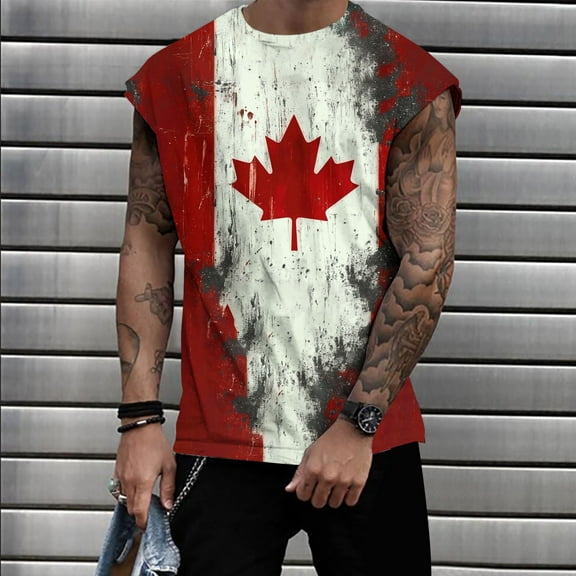 Aueoeo Men's Tank Tops Crew Neck Sleeveless Gym Workout Shirt Maple Printed Vests Muscle Fitness Bodybuilding Tank Shirts