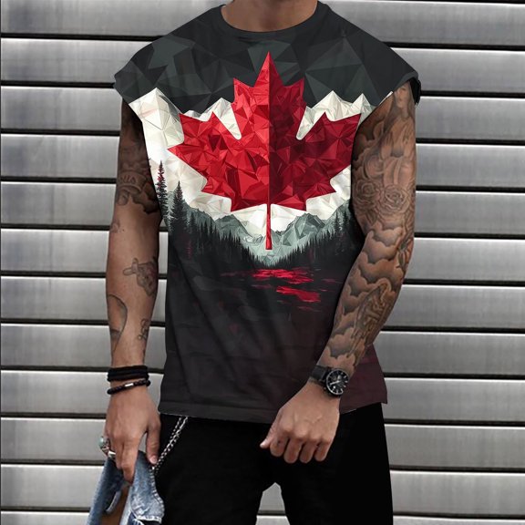 Aueoeo Men's Tank Tops Crew Neck Sleeveless Gym Workout Shirt Maple Printed Vests Muscle Fitness Bodybuilding Tank Shirts