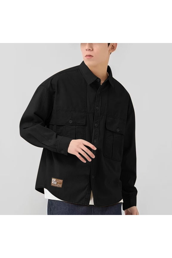 Men's Vintage Jackets Casual Button Up Shirt Lapel Collar Fashion Long Sleeve Cardigan Shirt With Multi Pockets Black L