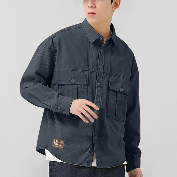 Aueoeo Men's Vintage Jackets Casual Button Up Shirt Lapel Collar Fashion Long Sleeve Cardigan Shirt With Multi Pockets Navy L