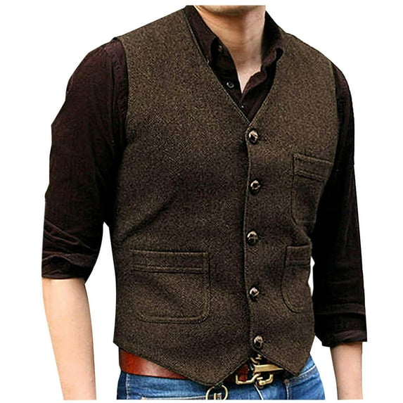 Aueoeo Men's Vintage Suit Vests Sleeveless Waistcoat Tweed Button Up Jacket For Wedding Groomsmen