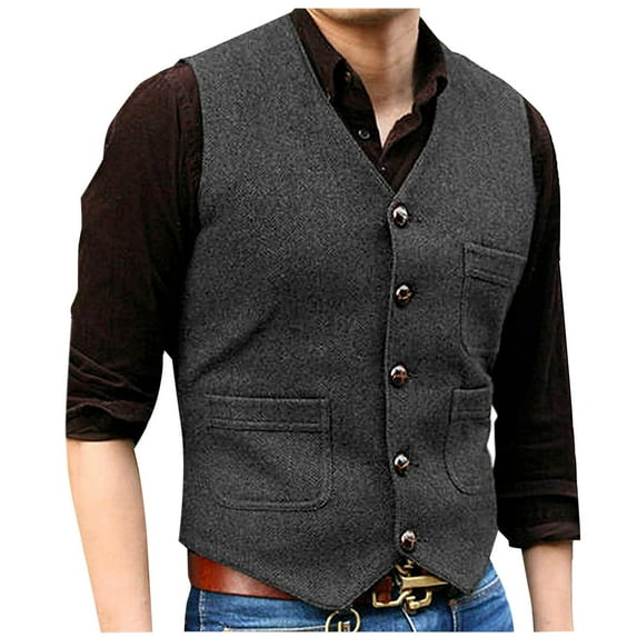 Aueoeo Men's Vintage Suit Vests Sleeveless Waistcoat Tweed Button Up Jacket For Wedding Groomsmen