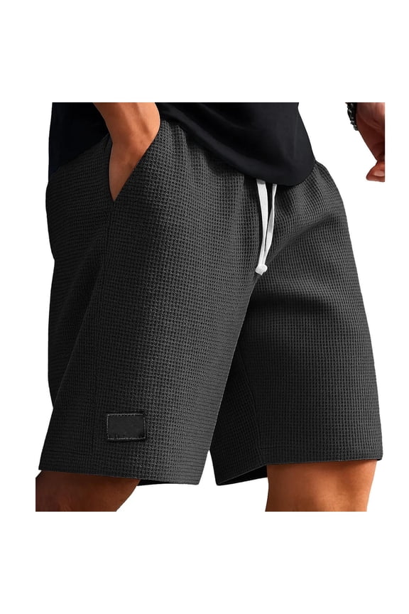 Men's Waffle Weave Solid Elastic Waist Shorts with Drawstring Loose Casual Summer Pants,Black,L