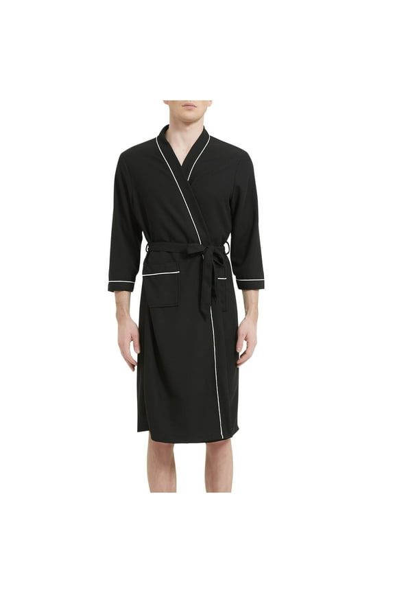 Men’s Robe Plus Size Bathrobe Lightweight Spa Soft Sleepwear V Neck Long Sleeve Sleepwear With Pockets Black 3XL