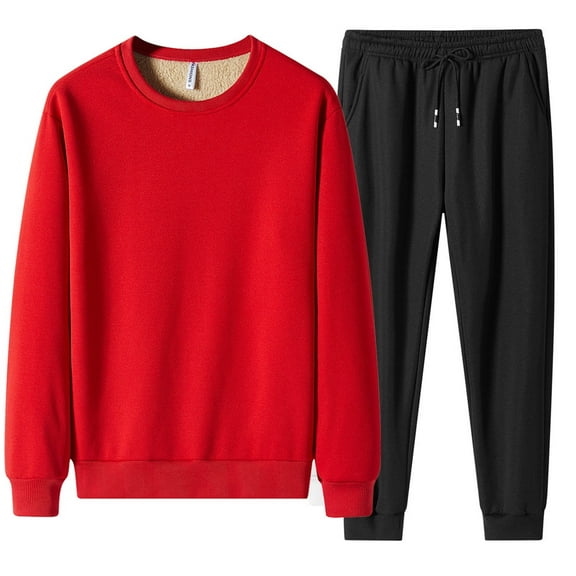 Aueoeo Men's Warm Two Pieces Sets Crewneck Pullover Fuzzy Lined Fleece Sweatshirt Pullover Tops and Long Pants Fall Winter Suits