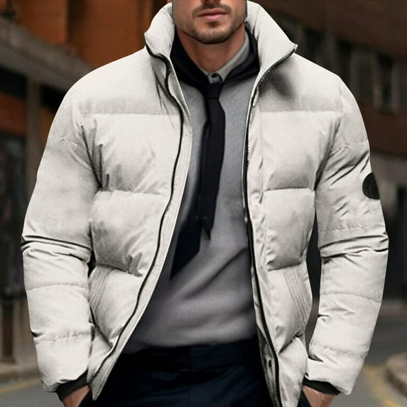 Aueoeo Men's Winter Warm Padded Jacket Quilted Coats Stand Collar Full Zip Outdoors Jacket With Pockets White X-Large