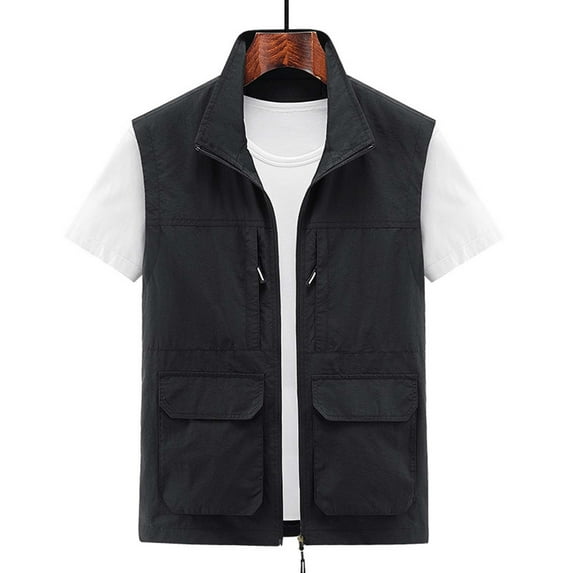 Aueoeo Men's Work Clothes Jacket Solid Color Stand Collar Multiple Pockets Outdoor Sports Photography Leisure Coat Lightweight Warm Zip Up Polar Vests Outerwear with Zipper Pockets On Clearance