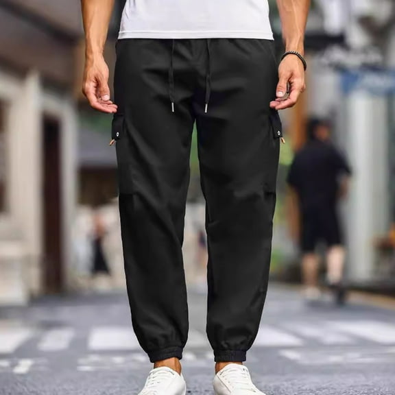 Aueoeo Mens Cargo Pants Jogging Pants Lightweight Elastic Waist Drawstring Casual Bottom Slit Cropped Pants With Pockets Black S