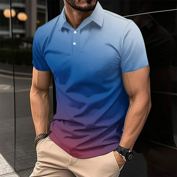 Aueoeo Mens Casual T-Shirts- Fashion Shirts Gradient Pullover Short Sleeve Turn-Down Collar Leisure Top Jacket On Clearance