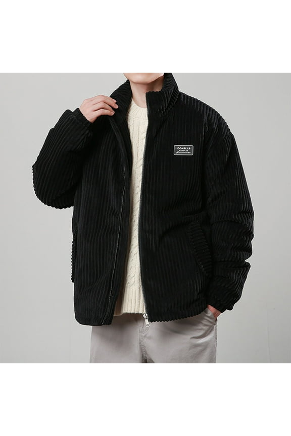 Mens Corduroy Ribbed Jacket Winter Warm Quilted Coats Stand Neck Zip Up Long Sleeve Coat Black X-Large