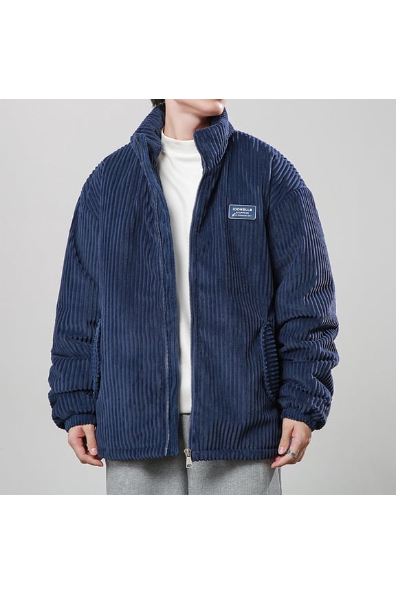 Mens Corduroy Ribbed Jacket Winter Warm Quilted Coats Stand Neck Zip Up Long Sleeve Coat Dark Blue S