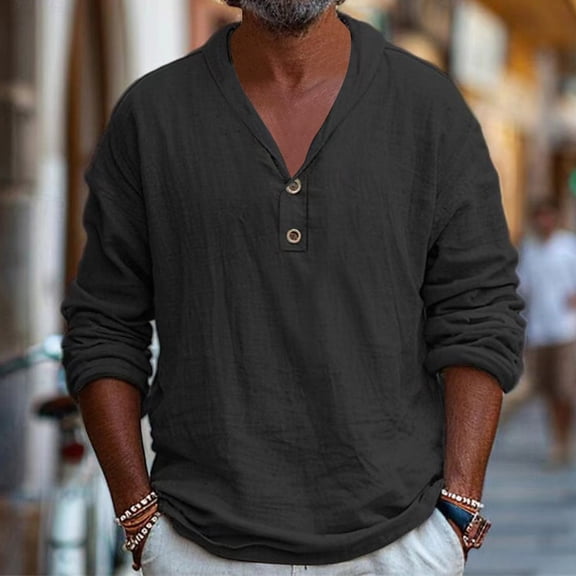 Aueoeo Mens Cotton Linen Shirts Casual Long Sleeve Summer Beach Shirt Hawaii Button -Down Collar T-Shirt Black 3X-L