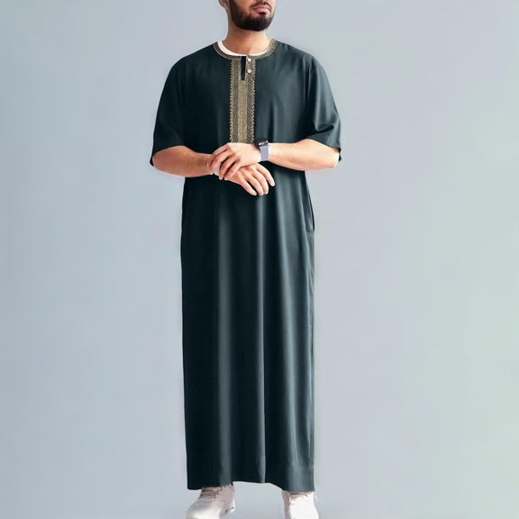Aueoeo Mens Embroidered Muslim Dress Robe Round Neck Fashion Formal Dubai Thobe Ramadan Middle Islamic Cloth Shirt Gown