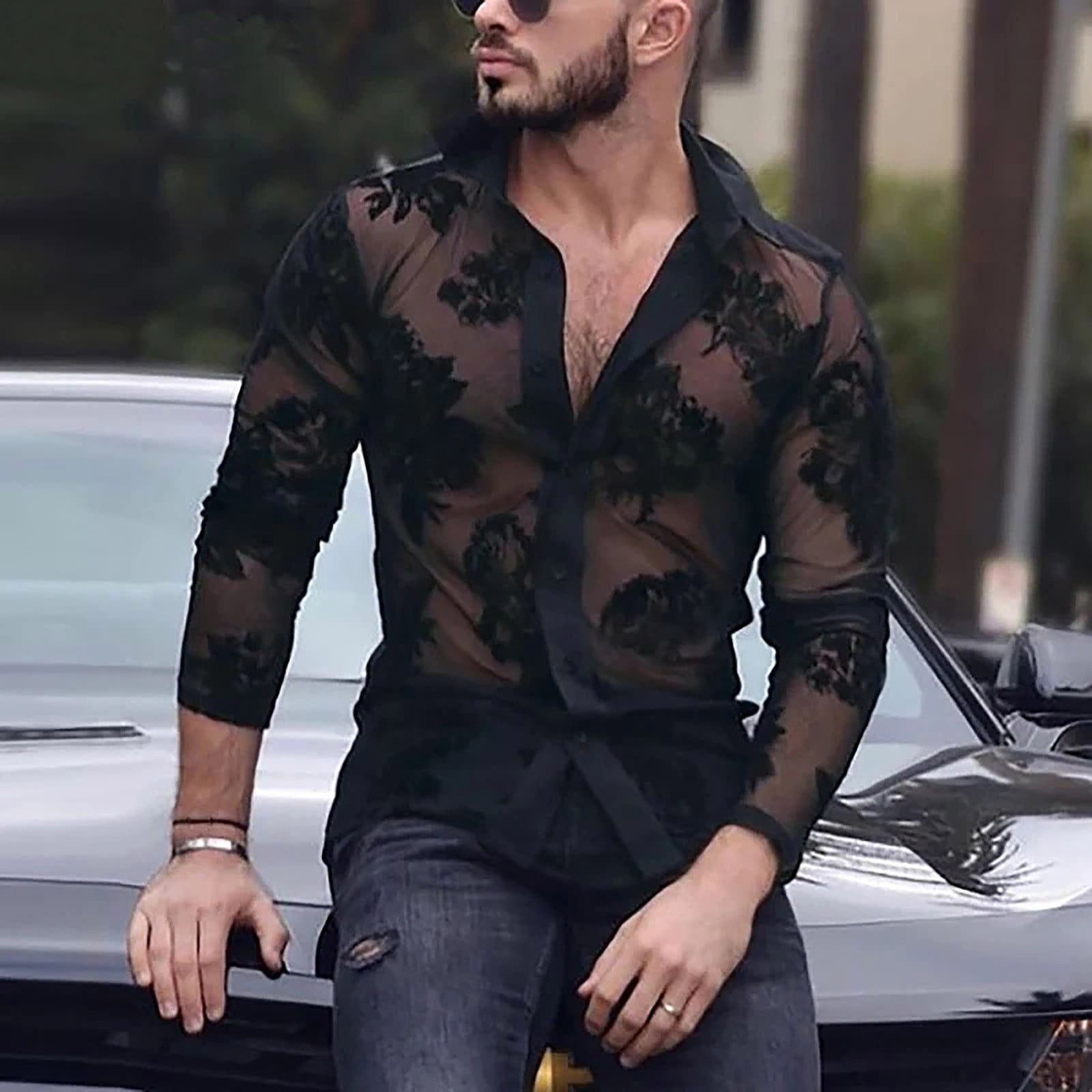 Aueoeo Mens Floral Lace Shirt Long Sleeve Hollow Out Sheer Mesh Party Shirt  Casual Button -Down Shirts Black L - Walmart.com