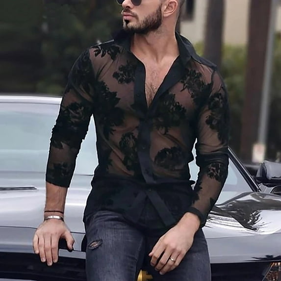 Aueoeo Mens Floral Lace Shirt Long Sleeve Hollow Out Sheer Mesh Party Shirt Casual Button -Down Shirts Black M