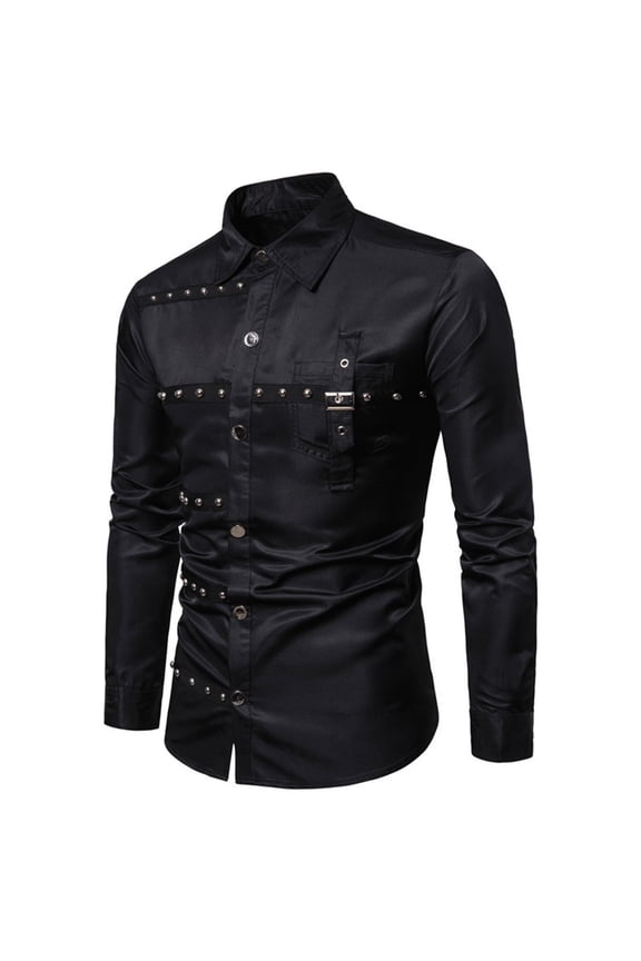 Mens Gothic Lapel Shirt Slim Fits Blouse With Rivets BAnds UniForm Vintage Long Sleeve Costume Shirt Black M