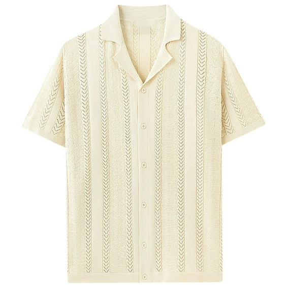 Aueoeo Mens Knit Cotton Shirts Button Up Shirts Casual Laple Collar Textured Shirt Short Sleeve Vintage Summer Beach Top