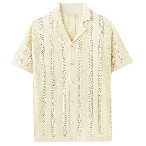Aueoeo Mens Knit Cotton Shirts Button Up Shirts Casual Laple Collar Textured Shirt Short Sleeve Vintage Summer Beach Top