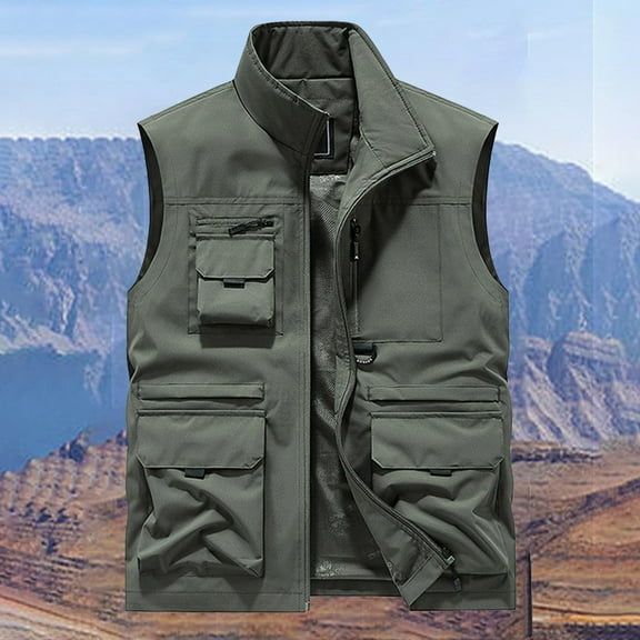 Aueoeo Mens Multi-Bag Vests Casual Loose Mountaineering Tooling Outdoor Sleeveless Outwear Jackets Running Motorcycle Vests