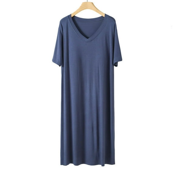 Aueoeo Mens Nightshirt Cotton Nightgown V Neck Short Sleeve Big&Tall Pjs Soft Long Sleepwear Loose Pajamas Sleep Shirt