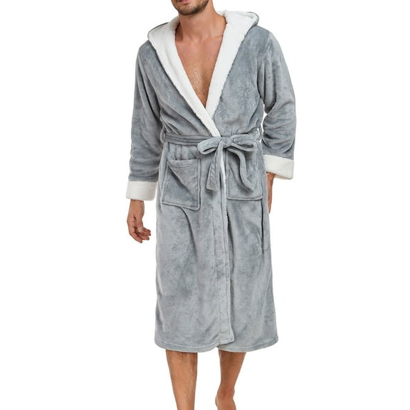 Aueoeo Mens Pajamas Robe Long Sleeve Bathrobe Fleece Lined Sleepwear Long Nightgown Nightwear With Pockets Gray M