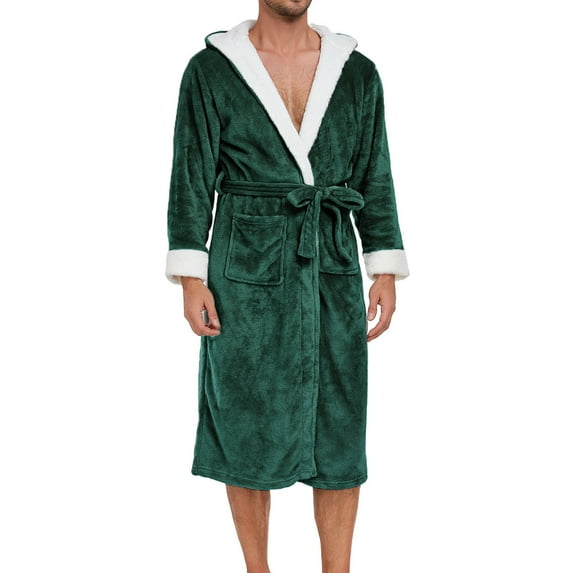 Aueoeo Mens Pajamas Robe Long Sleeve Bathrobe Fleece Lined Sleepwear Long Nightgown Nightwear With Pockets Green S
