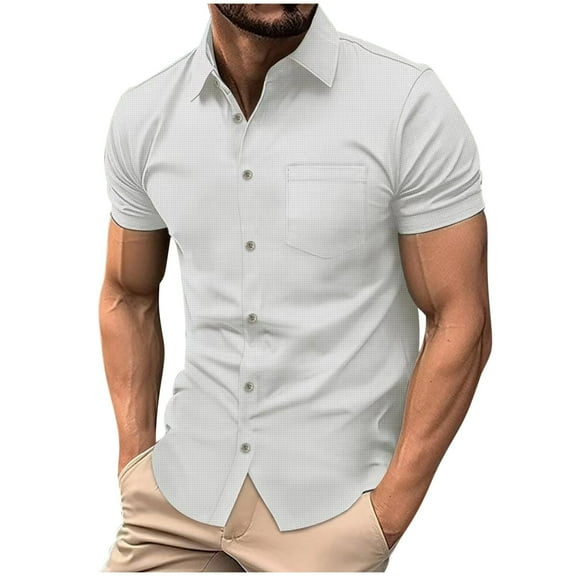 Aueoeo Mens Short Sleeve Top Button Up Shirt Stretch Business Casual Dress Shirts Solid Color Summer Wedding Prom Top