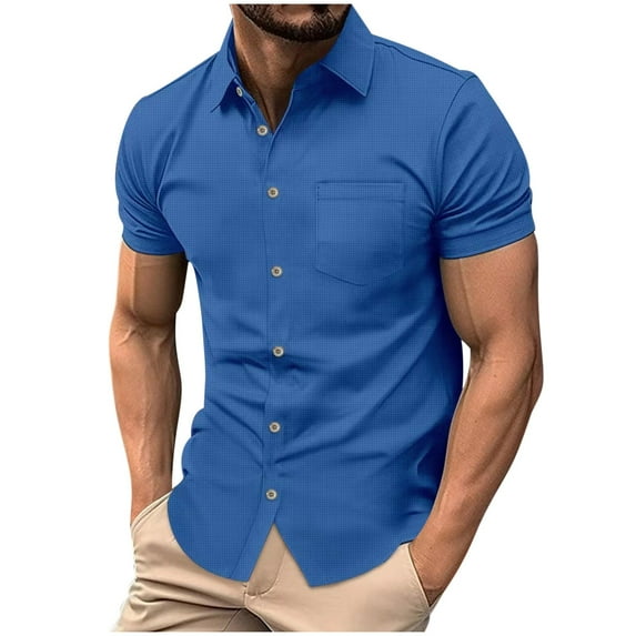 Aueoeo Mens Short Sleeve Top Button Up Shirt Stretch Business Casual Dress Shirts Solid Color Summer Wedding Prom Top