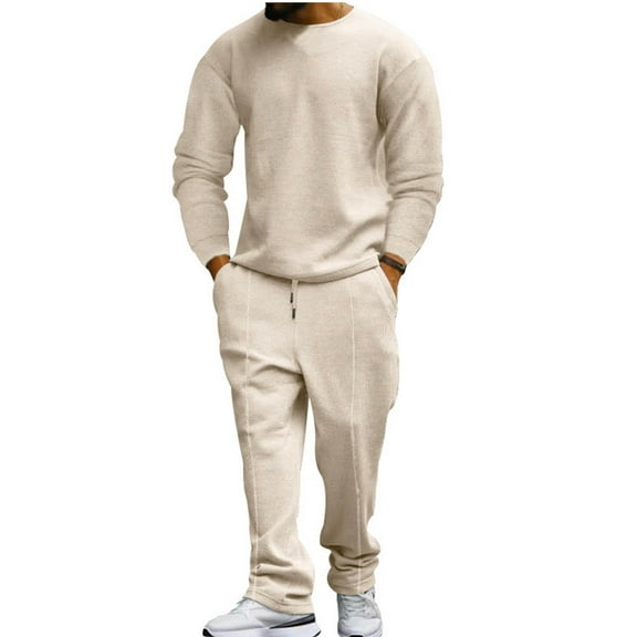 Aueoeo Mens Solid Color 2 Piece Sets Athletic Long Sleeve Crew Neck Sets Gym Clothing Workout Suits