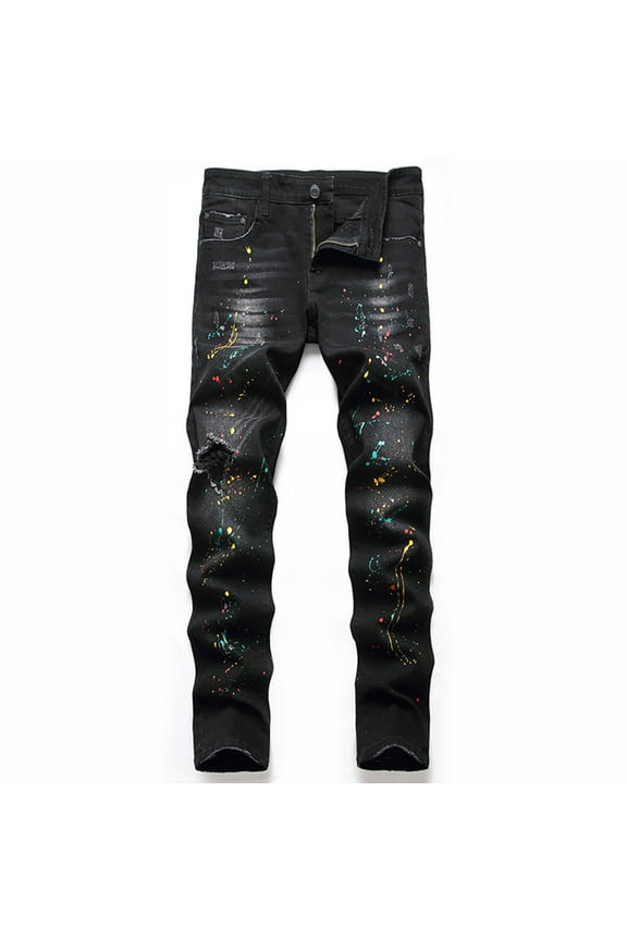 Mens Straight Leg Jeans Trendy Oil paint Jeans High Waisted Elastic Waist Stretchy Ripped Denim Pants Black 38