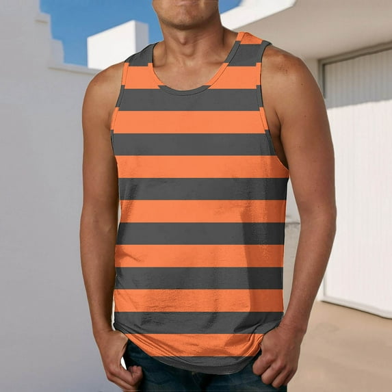 Aueoeo Mens Strip Printed Tank Top Sleeveless Crew Neck Beach Shirts Summer Loose Tank Top Workout Gym Shirts Tops