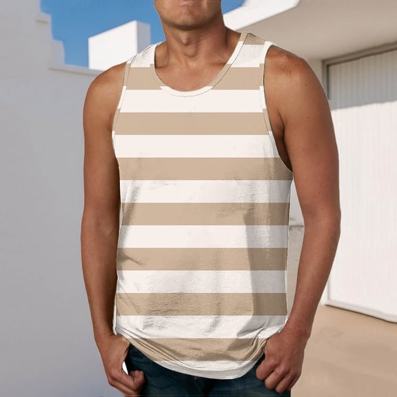 Aueoeo Mens Strip Printed Tank Top Sleeveless Crew Neck Beach Shirts Summer Loose Tank Top Workout Gym Shirts Tops