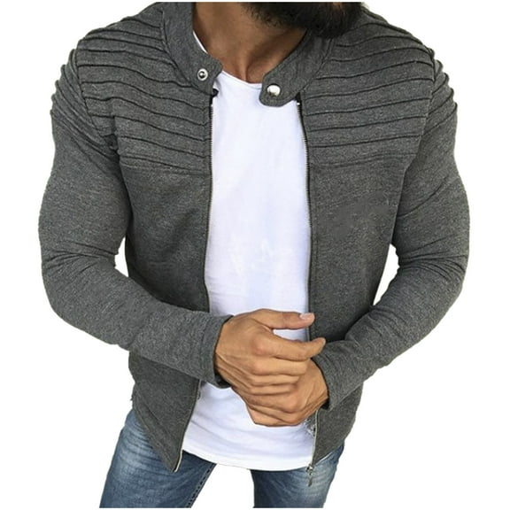 Aueoeo Mens Sweatshirt Cardigan Slim Fitted Workout Overcoat Full Zip Up Casual Wrinkled Jackets With Pockets Dark Gray L