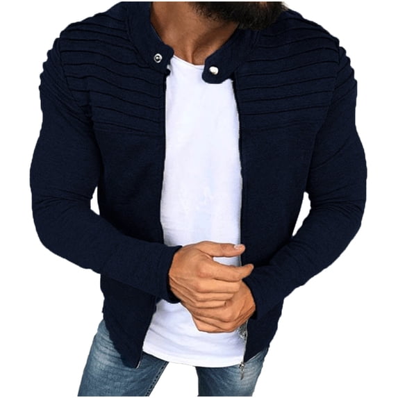 Aueoeo Mens Sweatshirt Cardigan Slim Fitted Workout Overcoat Full Zip Up Casual Wrinkled Jackets With Pockets Navy X-Large