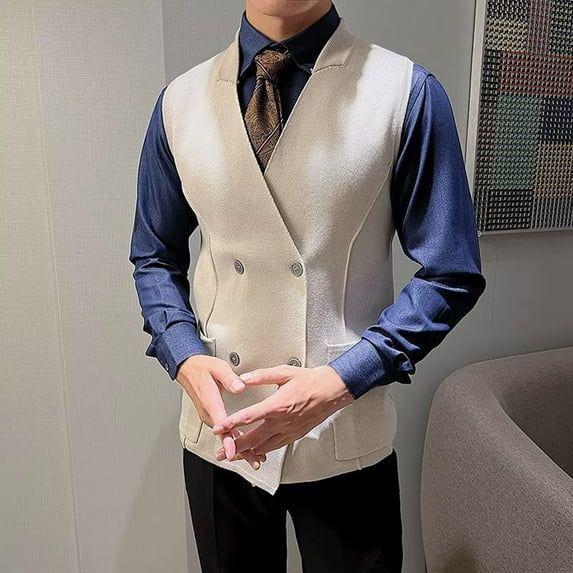 Aueoeo Mens Western Herringbone Suit Vests Slim Fits Waistcoat Knitting Strip Formal Jackets Double-Breasted Business Coats