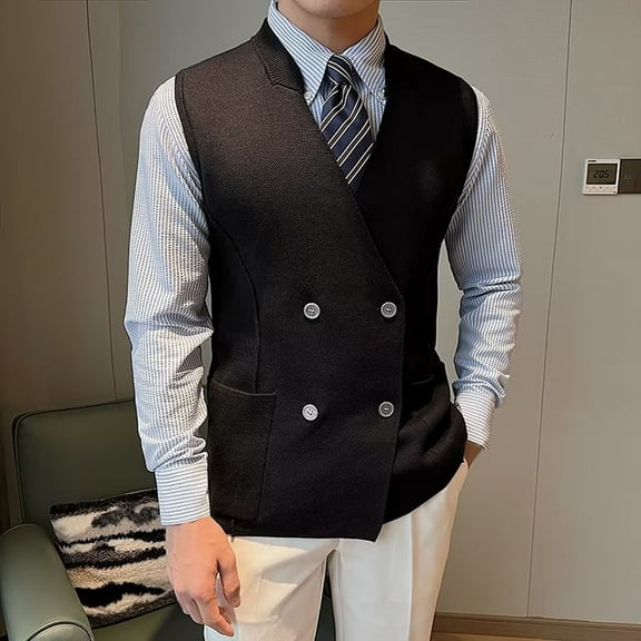 Aueoeo Mens Western Herringbone Suit Vests Slim Fits Waistcoat Knitting Strip Formal Jackets Double-Breasted Business Coats