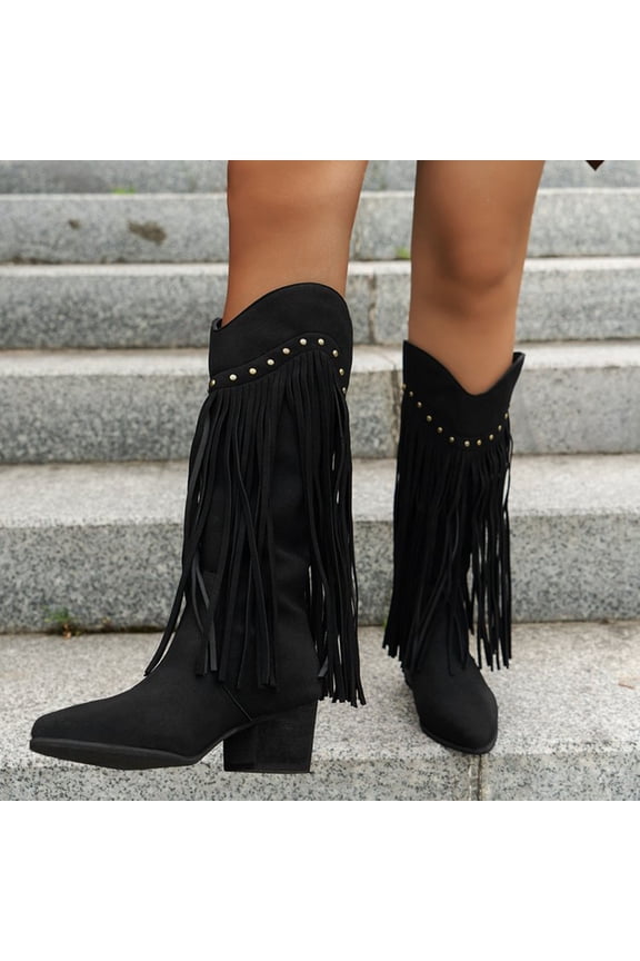 Mid Calf Fringe Boots For Women Cowboy Pointed Toe Chunky Heels Winter Spring Western Rivets Tassel Boots Black