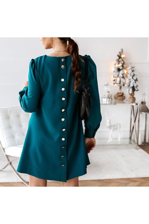 Midi Dresses For Womens Dresses Women's Casual Fashion Lining Long-Sleeved Round Neck Dress With Metal Buttons Women's Casual Dresses