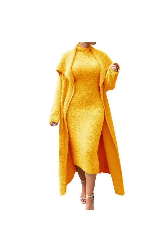 Midi Dresses for Women, Long Sleeve Dress for Women Sexy Women's One Coat Two Wear Slim Reversible Velvet Dress Cardigan Loose Long Coat Two Piece Suit+Belt