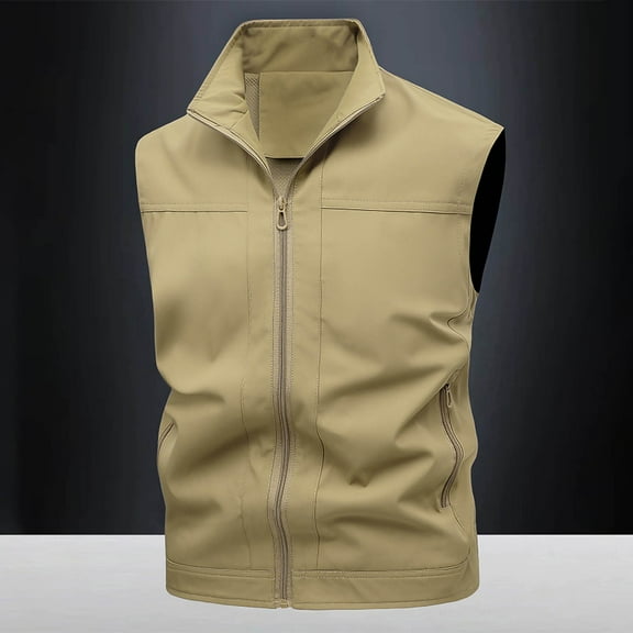 Aueoeo Motorcycle Fishing Vests for Men Solid Color Stand Collar Multi-Pocket Zipper Waistcoat Coat Hiking Running Vests