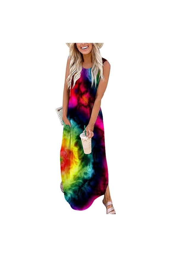 New Years Eve Dresses for Women Sexy, Trendy Gowns and Evening Dresses Women's Maxi Dresses Summer Casual Cross Rounk Neck Sleeveless Slit Vacation Beach Pockets Long Dress