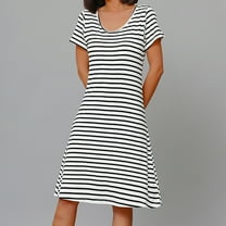 Aueoeo Nightgowns for Women Striped Sleapwear Short Sleeve Night Shirts Soft Sleep Dress Classic NightDress With Chest Pad on Clearance