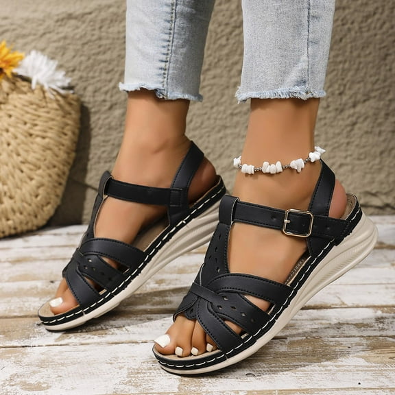 Aueoeo Open Toe Sandals For Women Summer Dressy Low Wedge Sandals - Fisherman Comfortable Hollow Out Sandals