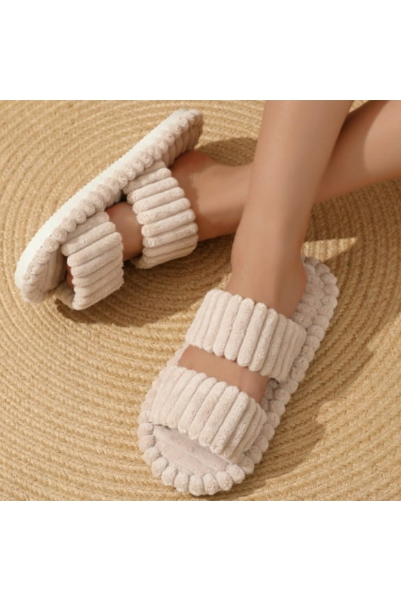 Open Toe Slippers For Women House Shoes Faux Furs Fuzzy Slide Sandals Non Slip Washable Shoes Khaki