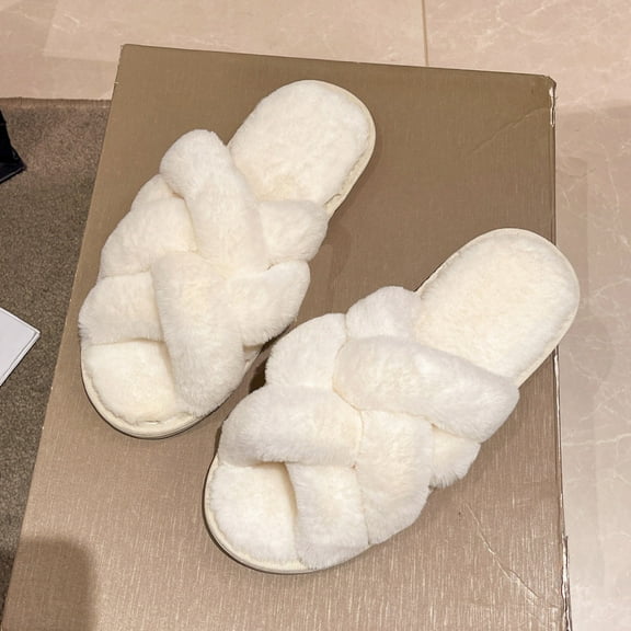 Aueoeo Open Toes Slippers for Women Fashion Casual Indoor Outdoor Winter Slippers Faux Furs Comfortable Shoes